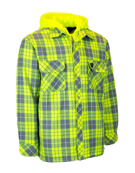 FORCEFIELD Hi Vis Hooded Plaid Quilt Lined Flannel Shirt Jacket 024 LC WORK N WEAR