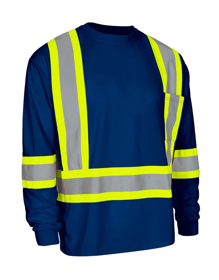 Forcefield Hi-Vis Crew Neck Long Sleeve Safety T-Shirt with Pocket
