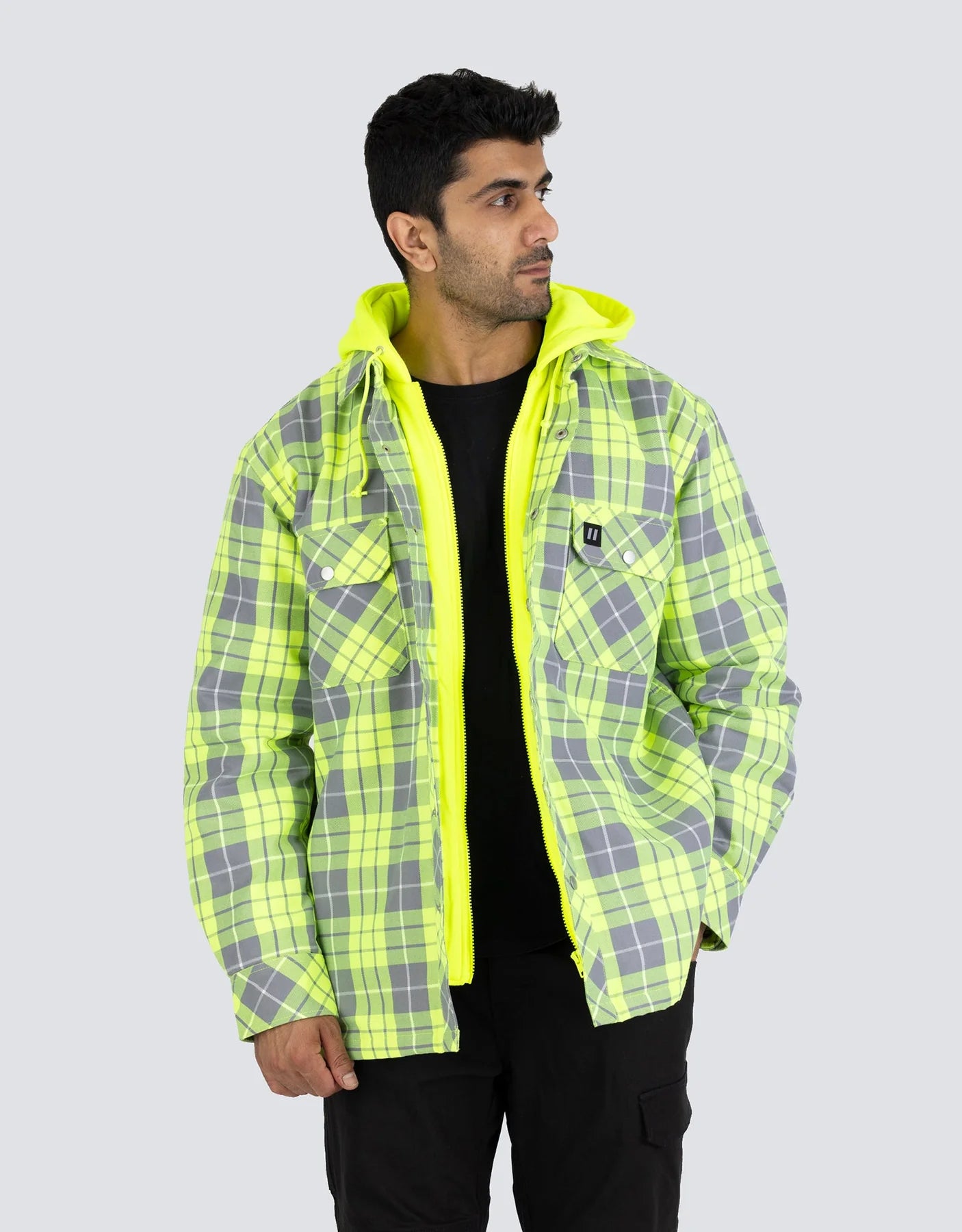 Forcefield Hi-Vis Hooded Plaid Quilt-Lined Flannel Shirt Jacket