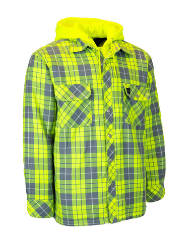 FORCEFIELD Hi-Vis Hooded Plaid Quilt-Lined Flannel Shirt Jacket 024-LC696QH-HV