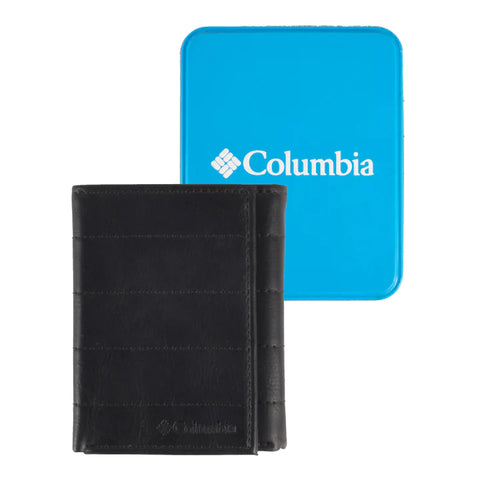 COLUMBIA BLUE TIN BLACK RFID SECURE TRIFOLD 5-STITCHES WALLET 31CP110028