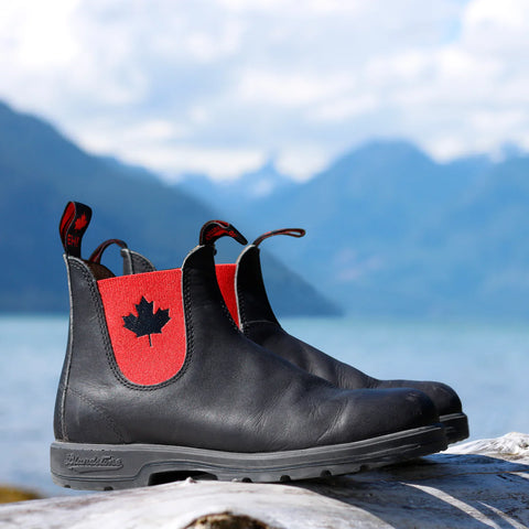 Black and top red blundstones