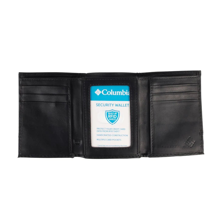 COLUMBIA BLUE TIN BLACK RFID SECURE TRIFOLD 5-STITCHES WALLET 31CP110028