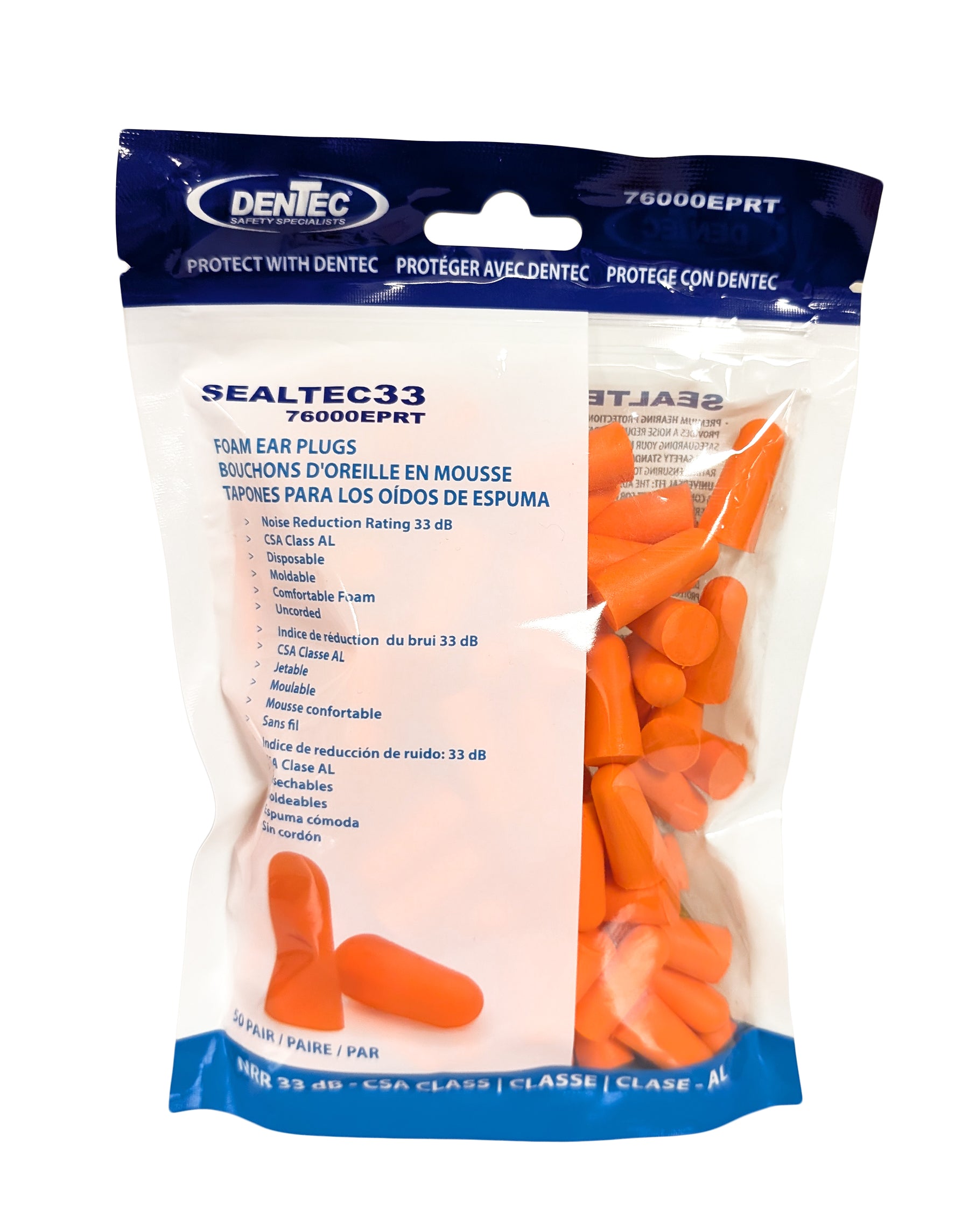 Dentec™ SEALTEC33 Orange Disposable Uncordered Foam Earplugs 50pair/ bag