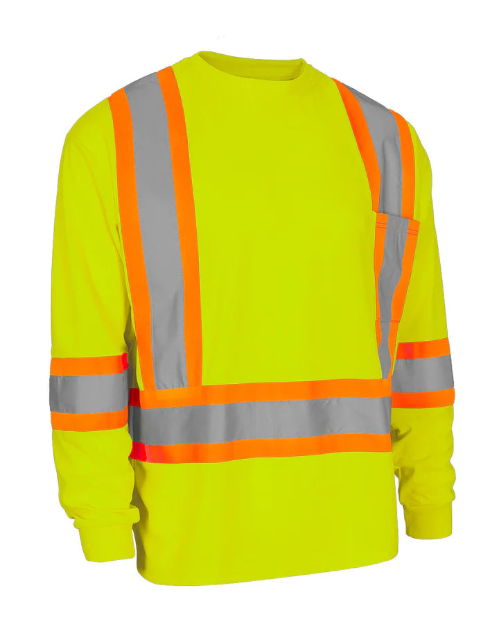 Forcefield Hi-Vis Crew Neck Long Sleeve Safety T-Shirt with Pocket