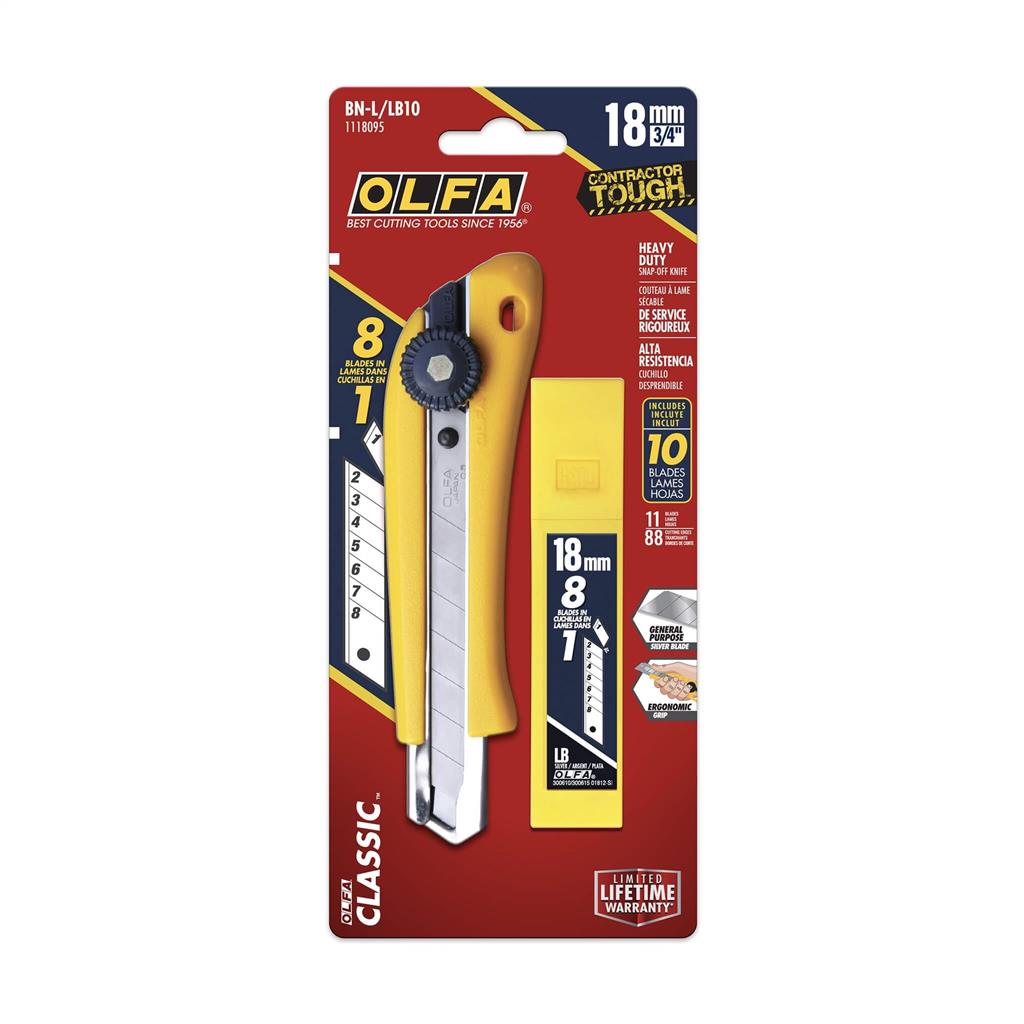 OLFA 18mm Heavy-Duty Ratchet Lock Snap-Off Utility Knife with 10-Blade Combo Set BN-L/LB10B