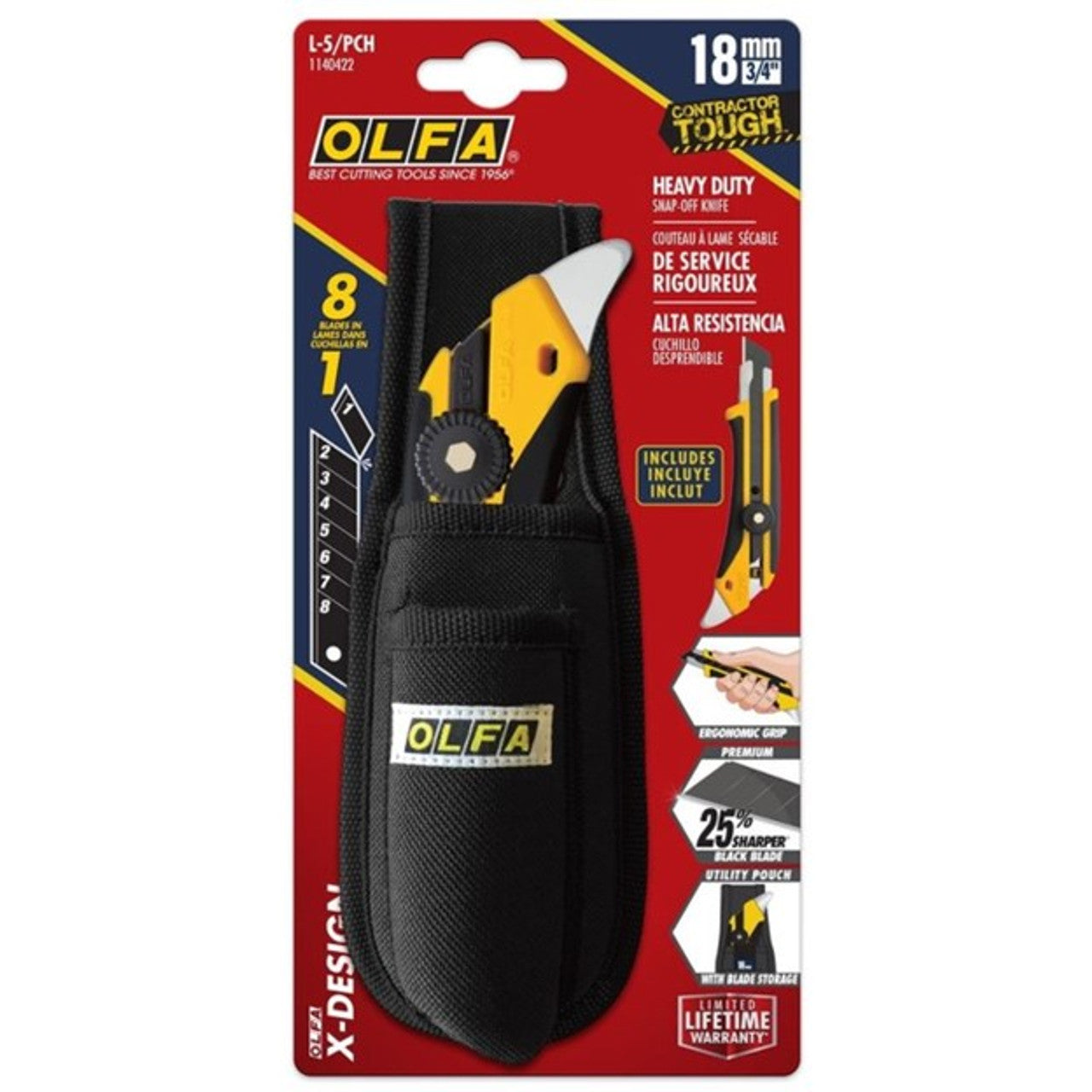 OLFA Heavy-Duty Rubber Grip 18MM Snap Off Knife with Pouch L-5/PCH